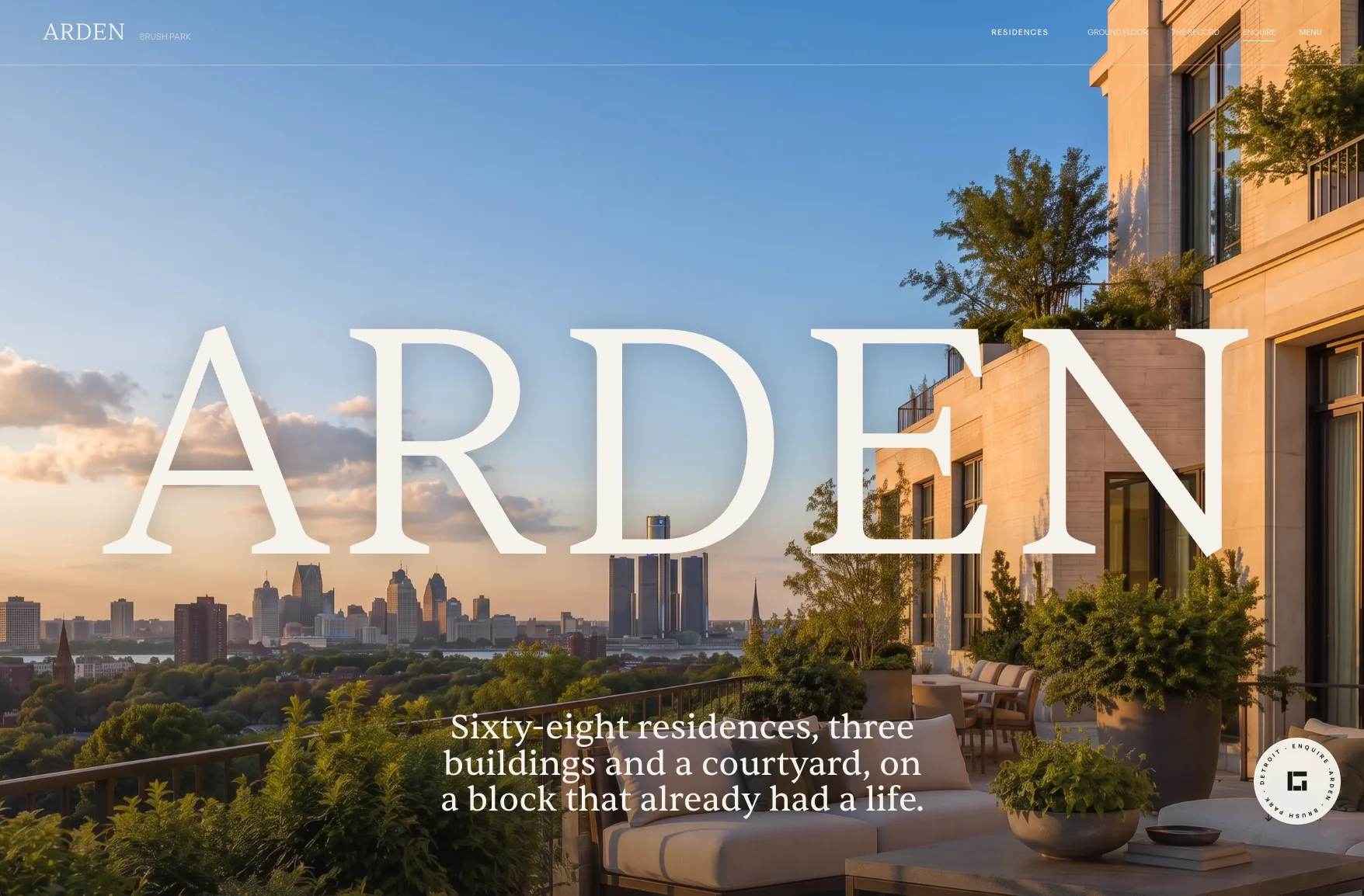 ARDEN homepage at arden.place: the ARDEN wordmark over a Brush Park terrace at golden hour with the Detroit skyline beyond